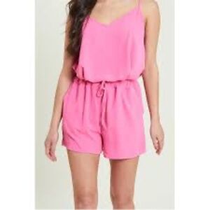 CiSono Pockets Spaghetti Straps Short Romper Drawstring Waist Pink Size L